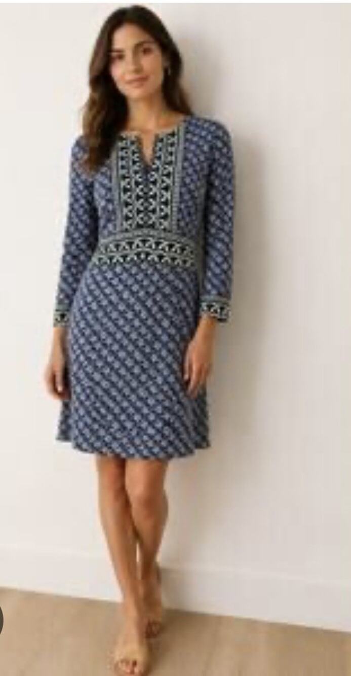 Tory Burch Long Sleeve Dress Goemetric/Floral Pattern Blue Green V-neck Size 6